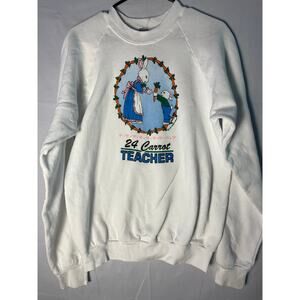 Screen Stars 24 Carrot Teacher Bunnies White Crewneck Sweater Women's Size XL